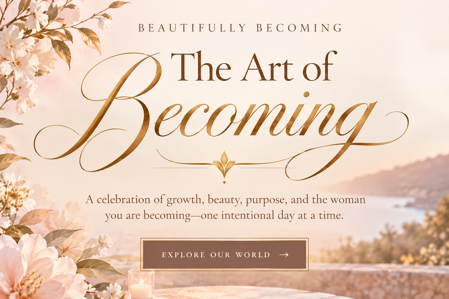 The Art of Becoming — elegant gold lettering, a single floral ornament, romantic blossoms, and a coastal sunset